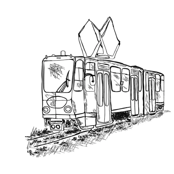 Tranvía Aislado Sobre Fondo Blanco Transporte Público Boceto Retro Dibujado — Vector de stock