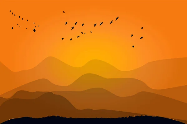 Landscape with sunset, hills and birds. Flock of birds are flying across the sky. Nature background with orange sundown. Abstract scenery, mountain, grass, birds and sunrise or afterglow. Evening or sunup scene. Stock vector illustration
