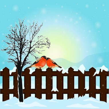 Çitin üstünde kuş ispinozu olan kış manzarası, karla kaplı tepeler ve mavi sabah gökyüzü. Çitin üzerinde oturan iki kırmızı kuş. Kar yağışlı Noel sahnesi. Karlı bir manzara. Stok vektör illüstrasyonu