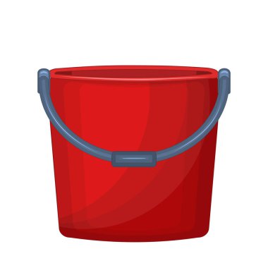 Kırmızı kova beyaz arka planda izole edilmiş. Ev temizliği ve ev yıkama için plastik boş kova. Renkli kova ya da koyu saplı konteynır. Bahçe veya çöp kovası simgesi.