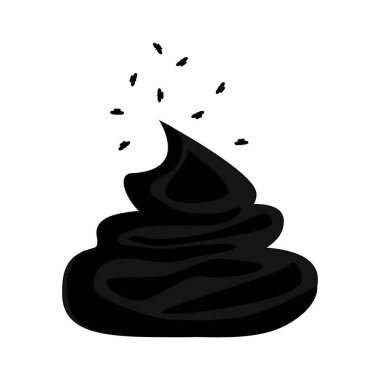 Poop icon isolated on white background. Black poop with flies silhouette. Pile of shit with flies. Bunch of dung. Pile of dog crap. Insects flying around the stinky excrement. Stock vector illustration