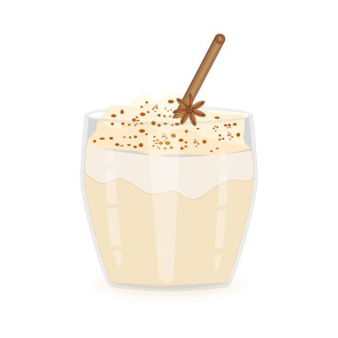 Beyaz arka planda izole edilmiş bir bardak eggnog. Cam bardakta, tarçınlı yumurta likörü ve anason yıldızı. Noel ya da tatlı kış içeceği bardakta. Kadehte Xmas yumurtalı süt pançı. Yeni yıl kokteyli. Stok vektör illüstrasyonu