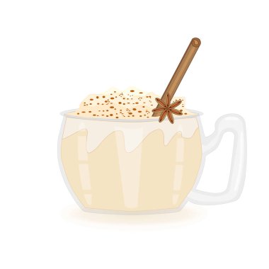 Beyaz arka planda izole edilmiş bir bardak eggnog. Cam bardakta, tarçınlı yumurta likörü ve anason yıldızı. Noel ya da tatlı kış içeceği bardakta. Kadehte Xmas yumurtalı süt pançı. Yeni yıl kokteyli. Stok vektör illüstrasyonu