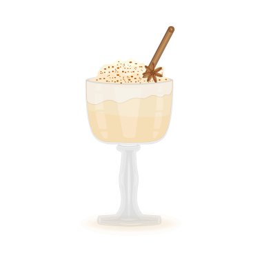 Beyaz arka planda izole edilmiş bir bardak eggnog. Cam bardakta, tarçınlı yumurta likörü ve anason yıldızı. Noel ya da tatlı kış içeceği bardakta. Kadehte Xmas yumurtalı süt pançı. Yeni yıl kokteyli. Stok vektör illüstrasyonu