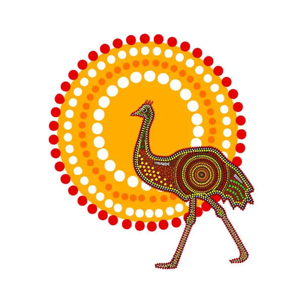 stock vector Ostrich and sun in decorative ethnic style isolated on white background. Aboriginal tribal styled emu. Australia aboriginal traditional culture art style of dot. Aboriginal tribal art craft. Stock vector illustration