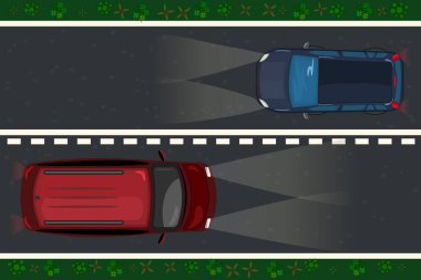 Arabalar gece yolda gidiyor. Karanlık gece caddesinde otomobil yolculuğu. Gün batımında otoyolda araba sürüyor. Motosiklet manzarası akşam yola çıkıyor. Stok vektör illüstrasyonu