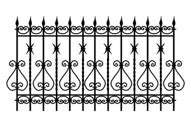 Dekoratif dökme demir işlemeli çit silueti ve beyaz arka planda sanatsal dövmesi var. Metal bariyerler. Çelik modüler parmaklıklar. Girdaplı eski bir kapı. Siyah dövülmüş kafes çiti. Stok vektör illüstrasyonu