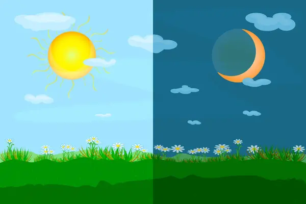 Day and night landscape with meadow. Sun and moon as vernal or autumnal, spring equinox day concept. Day and night with moon and sun. Earth seasons. Weather forecast background. Stock vector illustration