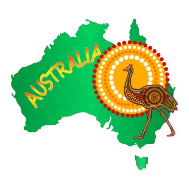 Beyaz zemin üzerinde emu ve güneş olan Avustralya haritası. Devekuşu olan Avustralya kıtası. Avustralya Aborjin Günü. Naidoc haftası. İngiliz bayrağı. Uzlaşma Günü 'nde. Avustralya poster tasarımına git. Stok vektör illüstrasyonu