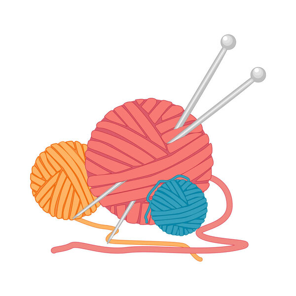 Мяч пряжи и иглы изолированы на белом фоне. Пряжа с вязальными иголками. Вязальные инструменты. Умные, шерстяные. Ручная работа и хобби. Векторная иллюстрация