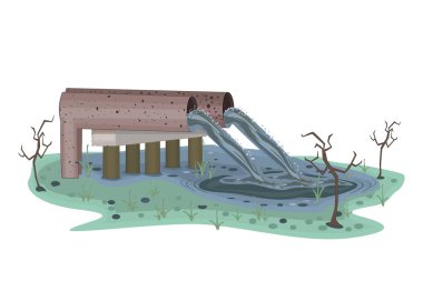 Endüstriyel borulardan gelen su kirliliği. Kimyasal atık akışı kirliliği doğada. Borudan kirli sıvı boşalması. Ekolojik hasar. Çevre kirliliği. Göl kirlenmesi. Çamurlu bataklık. Stok vektör illüstrasyonu