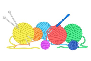 Örgü örmek için iplik yumakları ve beyaz arka planda izole edilmiş tığ işi. Örgü iğneleri ve kancalı iplik ipliği. Örgü iplikleri. İğne işi, el işi, hobi ya da diy konsepti. Stok vektör illüstrasyonu