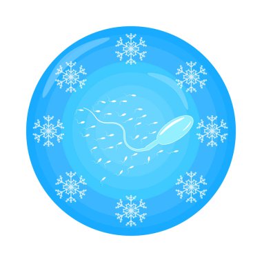 Sperm freezing sign isolated on white background. Sperm bank or freezing. Male semen is preserved and stored. Blue icy circle with sperm and snowflake. Keep fertility and ability to reproduce. Stock vector illustration clipart