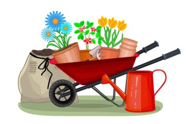 Çiçekli el arabası, saksılar, sulama kovası ve beyaz arka planda izole edilmiş toprak torbası. Bahçe arabası ve saksı çiçekleri. İçinde bitki ve bahçe malzemeleri olan bir araba. Arka bahçe için bitkiler. Stok vektör illüstrasyonu