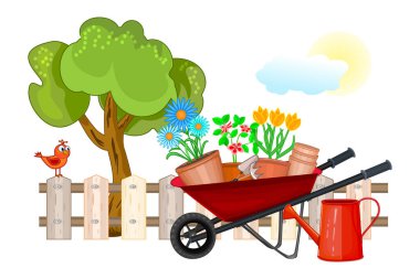 Çit, ağaç, el arabası, sulama tenekesi, çiçekler, fidanlar ve beyaz arka planda izole edilmiş saksılar. Bahçe arabası ve saksı çiçekleri. İçinde bitki ve bahçe malzemeleri olan bir araba. Arka bahçe için bitkiler. Çizgi film bahçıvanlığı konsepti. Stok vektör illüstrasyonu