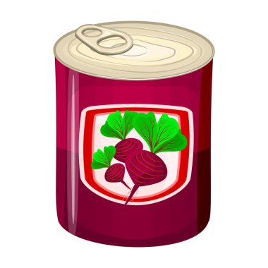Pancar tenekesi beyaz arka planda izole edilmiş. Konserve, yahni, kaynatılmış ya da marine edilmiş kırmızı pancar çorbası. Metalik kutu içinde. Yemeği dilimlenmiş, doğranmış, taze sıkılmış ya da dilimlenmiş olarak muhafaza edin. Konserve sebze salatası. Stok vektörü illu