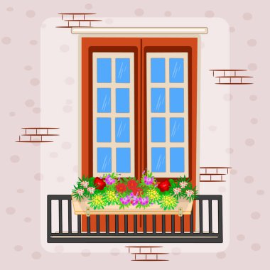 Balkon, ev penceresi ya da saksıda çiçekler olan apartman dairesi. Çiçeklerle süslenmiş klasik balkon. Mimarlık ve ev cephesi. Pencere silindirinde kakule bitkileri. Tak vektör illüstrasyonu