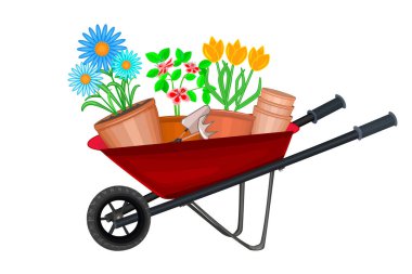 Beyaz arka planda izole edilmiş çiçek, tencere ve aletlerle el arabası. Bahçe arabası ve saksı çiçekleri. İçinde bitki ve bahçe malzemeleri olan bir araba. Arka bahçe için bitkiler. Stok vektör illüstrasyonu