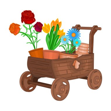 Beyaz arka planda saksıları ve çiçekleri olan ahşap el arabası. Bahçe arabası ve saksı çiçekleri. Bahçe için bitkilerle dolu bir araba. Arka bahçe için bitkiler. Stok vektör illüstrasyonu