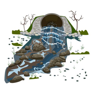 Endüstriyel borulardan gelen su kirliliği. Kimyasal atık akışı kirliliği doğada. Borudan kirli sıvı boşalması. Ekolojik hasar. Çevre kirliliği. Göl kirlenmesi. Çamurlu bataklık. Stok vektör illüstrasyonu