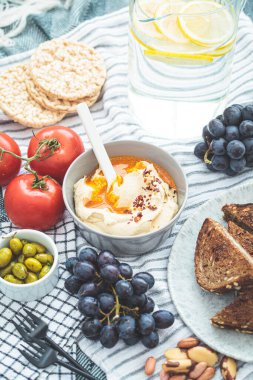 Açık hava pikniği konsepti. Humus, limonata, sandviç ve meyve - vejetaryen çeşitleri.