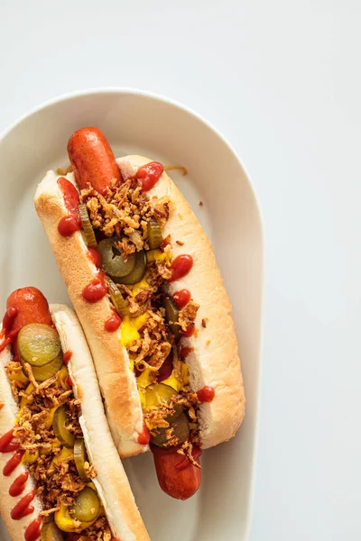 Classic Hot Dog Mustard Ketchup Pickles Fried Onions Top View — Stock Photo, Image