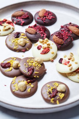 El yapımı vejetaryen, farklı türde çikolatalar ve süper yiyecekler. Sağlıklı tatlı konsepti.