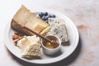 Bal, fındık ve böğürtlenli parti için peynir tabağı.