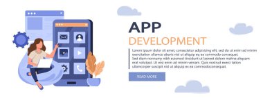 Uygulama geliştirme konsepti. Geliştiriciler kod yazar, test eder, sayfa düzeni oluştururlar. Blogculuk, web sitesi, mobil uygulama, tanıtım materyalleri için vektör illüstrasyonu.