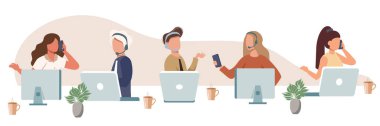 Canlı destek konsepti. Müşteri hizmetleri konsepti. Bizimle iletişim kurmak için simge, destek, yardım, telefon görüşmesi ve web sitesi tıklama. Düz vektör illüstrasyonu.
