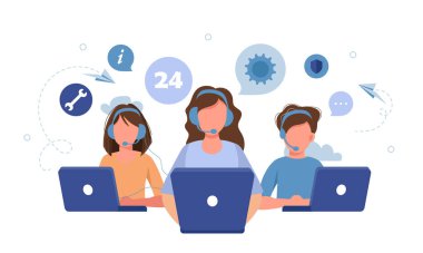 Canlı destek konsepti. Müşteri hizmetleri konsepti. Bizimle iletişim kurmak için simge, destek, yardım, telefon görüşmesi ve web sitesi tıklama. Düz vektör illüstrasyonu.