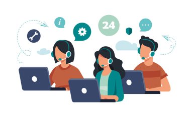 Canlı destek konsepti. Müşteri hizmetleri konsepti. Bizimle iletişim kurmak için simge, destek, yardım, telefon görüşmesi ve web sitesi tıklama. Düz vektör illüstrasyonu.