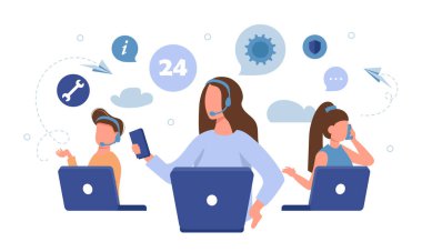 Canlı destek konsepti. Müşteri hizmetleri konsepti. Bizimle iletişim kurmak için simge, destek, yardım, telefon görüşmesi ve web sitesi tıklama. Düz vektör illüstrasyonu.