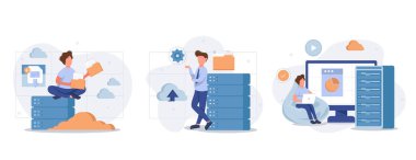 Big Data and Cloud Computing illustration set. Business characters using remote servers to analyzing large sets of data and recognizing mistakes. Actionable data concept. Vector illustration. clipart