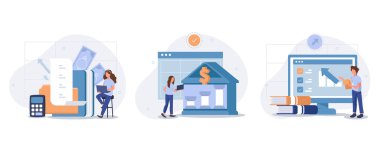 Mali illüstrasyon seti. Kamu maliyesi, vergi yasası ve diğer ekonomi şubeleriyle çalışan avukatlar. Devlet harcamaları, gelir ve vergilendirme kavramı. Vektör illüstrasyonu.