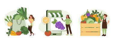 Market sebzeleri çizim seti. Çevrimiçi taze organik sebze alıp alışveriş sepeti ve sebze kutusu teslimatı yapan bir karakter. Yerel üretim destek konsepti. Vektör illüstrasyonu.
