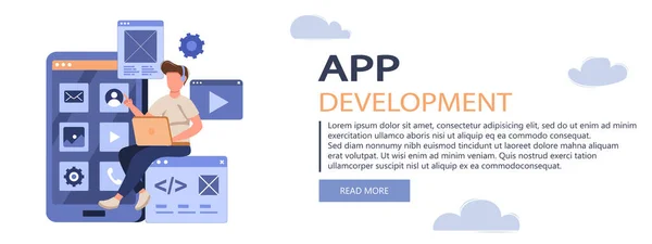 App Entwicklungskonzept Entwickler Schreiben Code Testen Erstellen Seitenlayout Vektor Illustration — Stockvektor