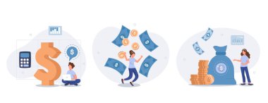 Pasif gelir çizelgesi. Finansal özgürlüğün ve bağımsızlığın tadını çıkaran karakterler. Başarılı ve insanların bütçe planladığı borçlardan arınmış bir şekilde. Vektör illüstrasyonu.