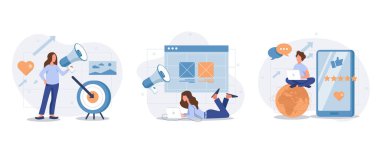 Sosyal medya pazarlama kavramı insanları izole ediyor. Megafonlu insanların olduğu sahne koleksiyonu yeni müşteriler çekiyor, reklam, promosyon. Mega set. Düz tasarımda vektör illüstrasyonu
