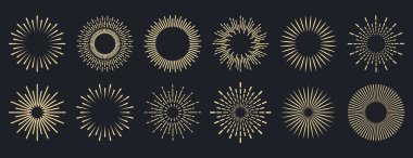 Güneş patlaması koleksiyonu. Radyal günbatımı ışınları. Patlayan altın güneş ışınları. Havai fişekler. Logotype ya da harf tasarım elemanı. Düz vektör illüstrasyonu.