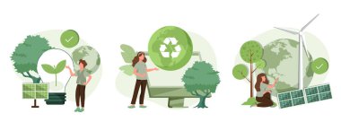 Sürdürülebilirlik illüstrasyonu. ESG, yeşil enerji, yel değirmenleri ve güneş enerjisi panelleri olan sürdürülebilir endüstri. Çevre, Sosyal ve Kurumsal Yönetim kavramı. Vektör illüstrasyonu.