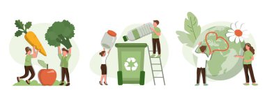 İnsanlar çöp kutusuna plastik çöp topluyor, dünyayı kurtarmaya çalışıyor ve vejetaryen diyetini uyguluyorlar. Sürdürülebilir yaşam tarzı seti. Düz çizgi film vektör illüstrasyonu ve simgeler ayarlandı.