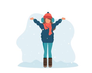 Kışın karla oynayan kız. Tatil, kış, Noel kavramı. Düz biçimdeki şirin vektör illüstrasyonu