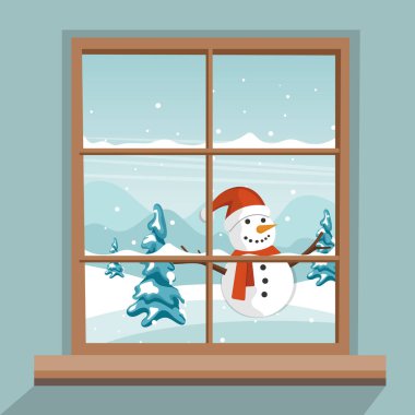 Kış penceresi manzaralı. Kardan adam ve ağaçlarla kaplı tepe manzarası. Kış, kar, tatil ve Noel kavramı. Düz biçimdeki rahat vektör çizimi