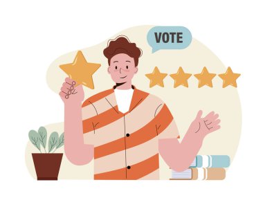 Müşteri memnuniyeti. Geri bildirim. Müşteri hizmetleri illüstrasyonuna not veriyorum. Web sitesi değerlendirme ve değerlendirme konsepti. Düz vektör illüstrasyonu