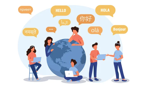 Νέοι Συζητούν Ξένες Γλώσσες Εικονογράφηση Διάνυσμα Για Web Banner Infographics — Διανυσματικό Αρχείο