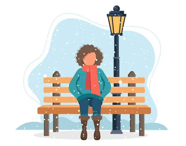 幸せな女の子は冬の公園のベンチに座っている 公共の庭 休暇のコンセプトのための漫画のベクトルイラスト — ストックベクタ
