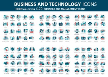 İş ve pazarlama, yönetim, iş bulmak, toplantı, takım çalışması koleksiyonu. 120 adet mavi simge seti. Düz vektör illüstrasyonu