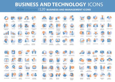 120 İş ve Yönetim ikonu seti. Liderlik, takım çalışması, iş ve iş, istatistik, analitik ve reklam simgeleri. Düz vektör çizimi. İş koleksiyonu için mavi simge
