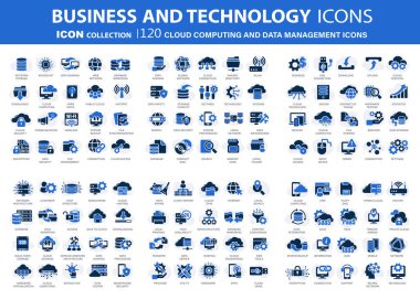 Cloud technology, programming, data management, internet connection, social network, computing, information. 120 blue technology icons set. Flat vector illustration clipart